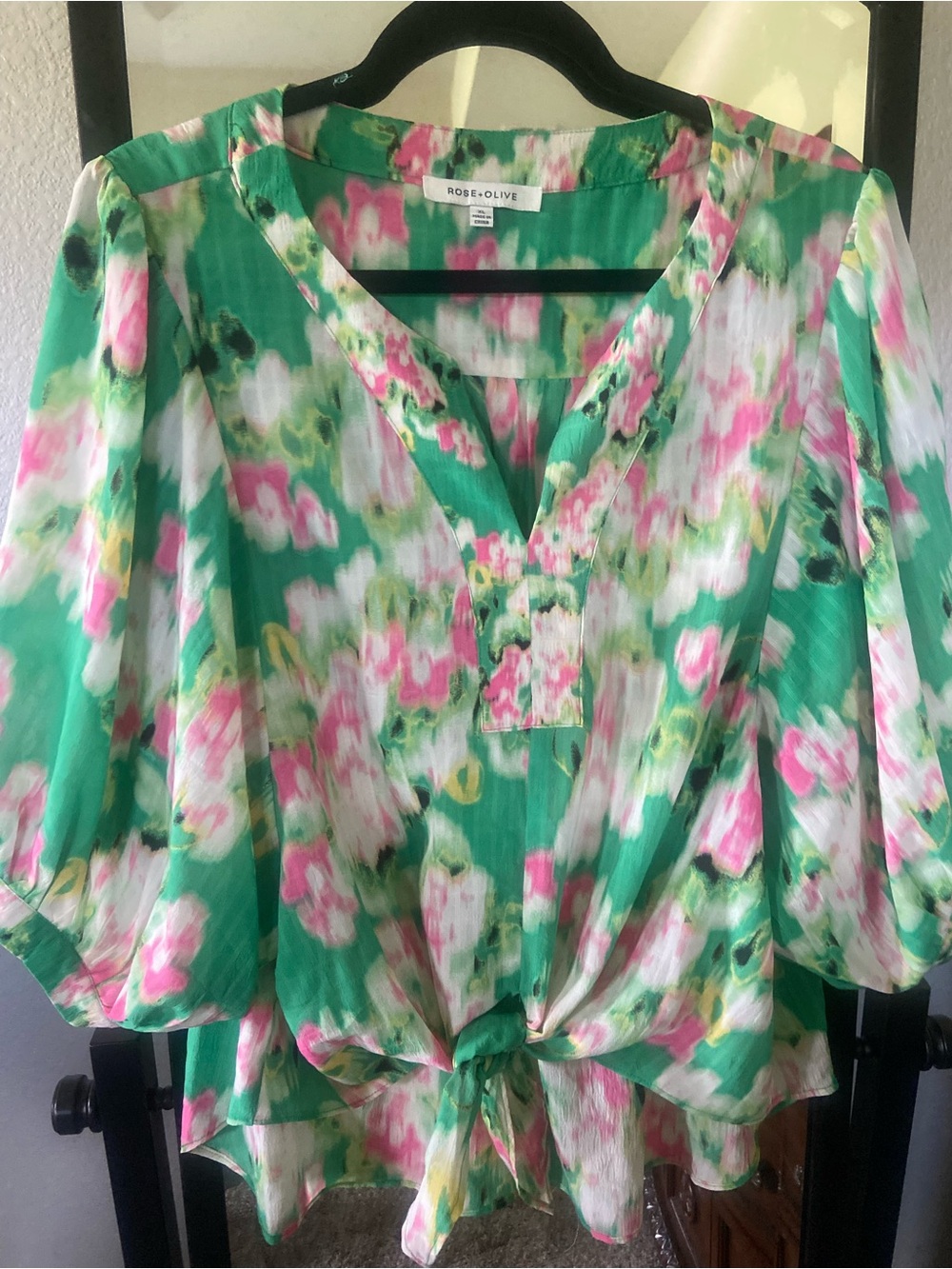 Rose & Olive Green Floral Tie-Front Peasant Blouse - Picture 2 of 11